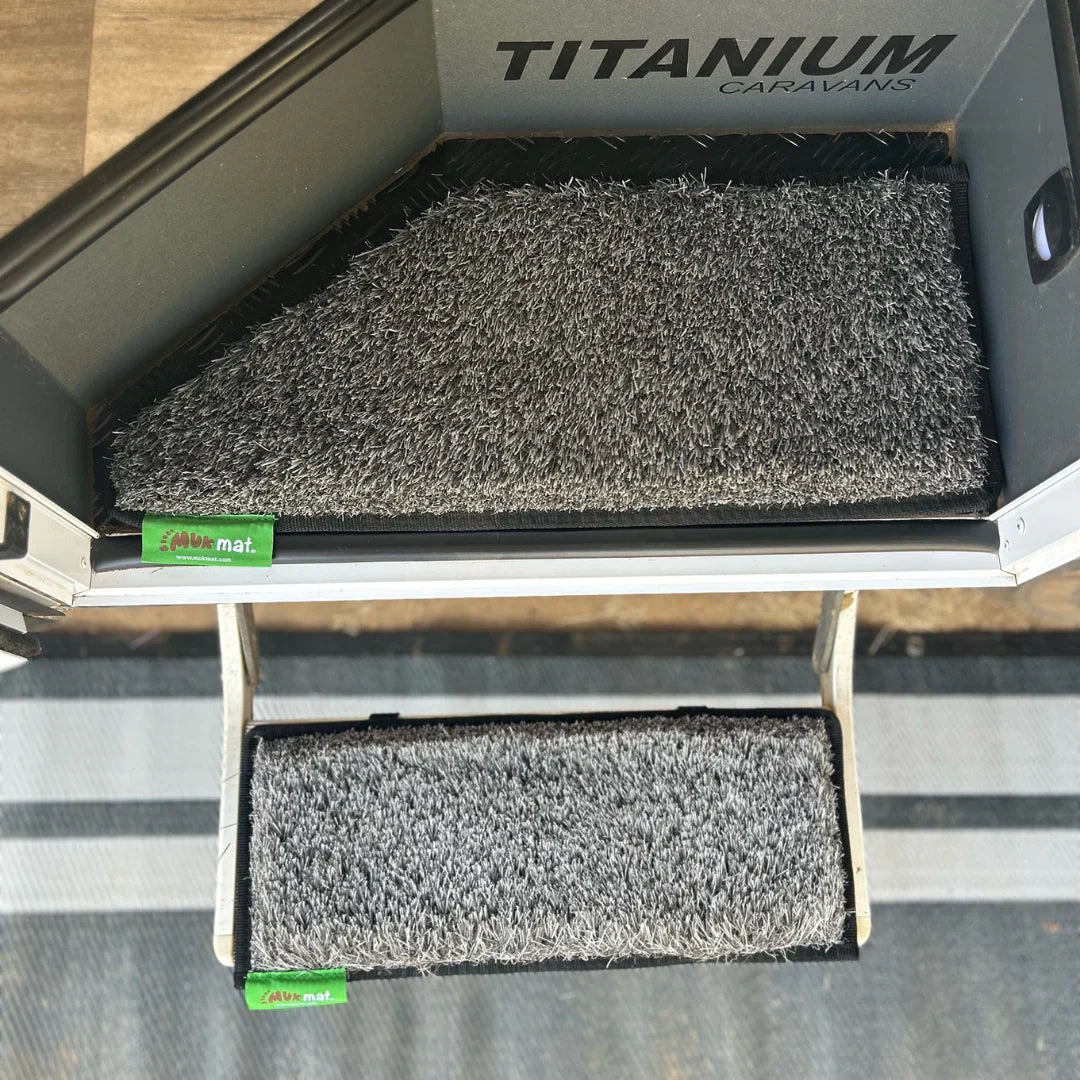 Muk Mat Angled Caravan Step Dark Grey fitted to a caravan step