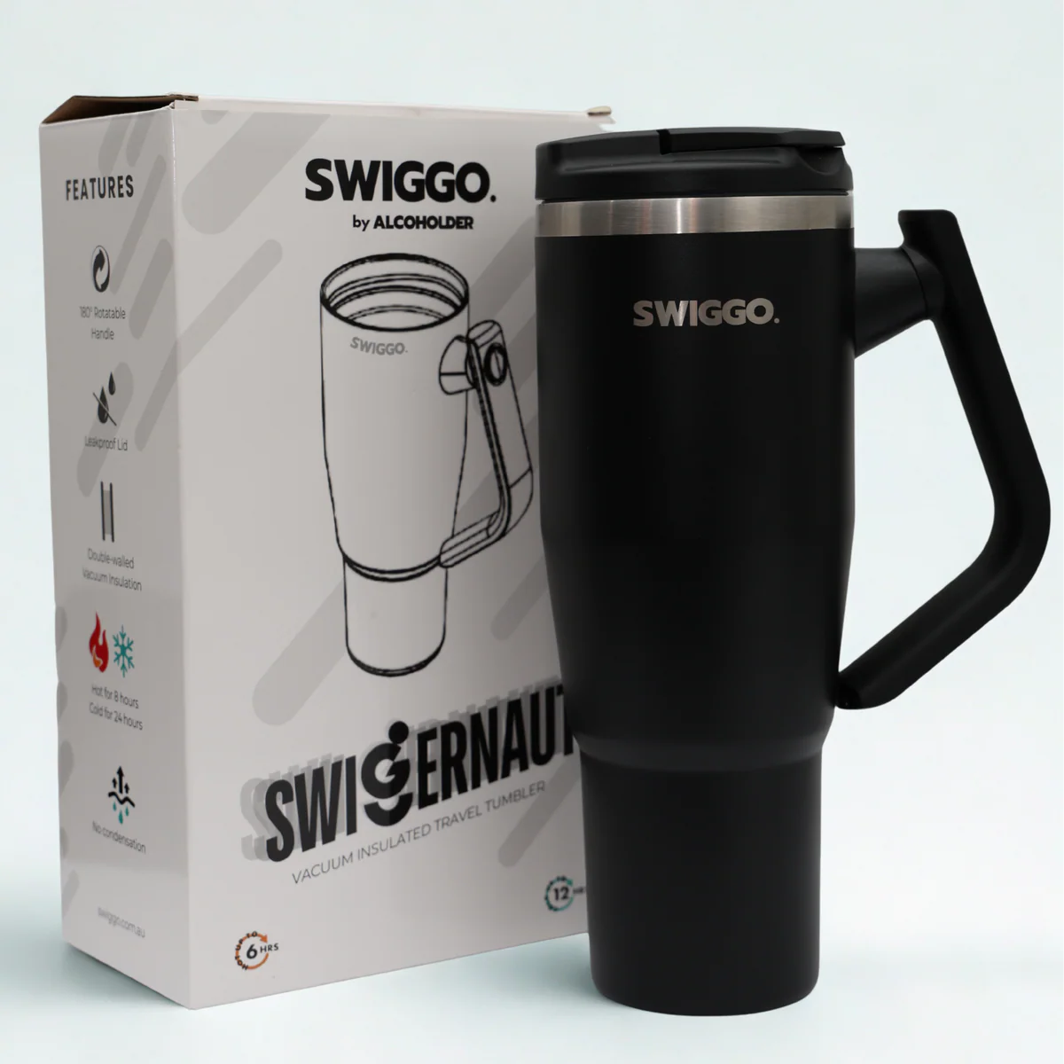 Alcoholder Swiggernaut Travel Mug 1.2L — hero shot, brushed stainless double-wall insulated travel mug