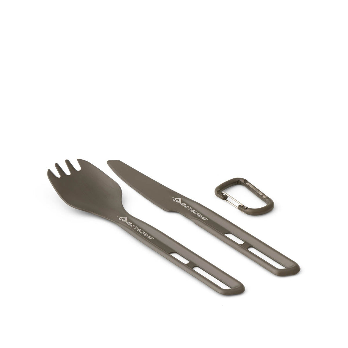 Sea to Summit Frontier UL spork and knife angled to show the serrated knife edge and carabiner clip