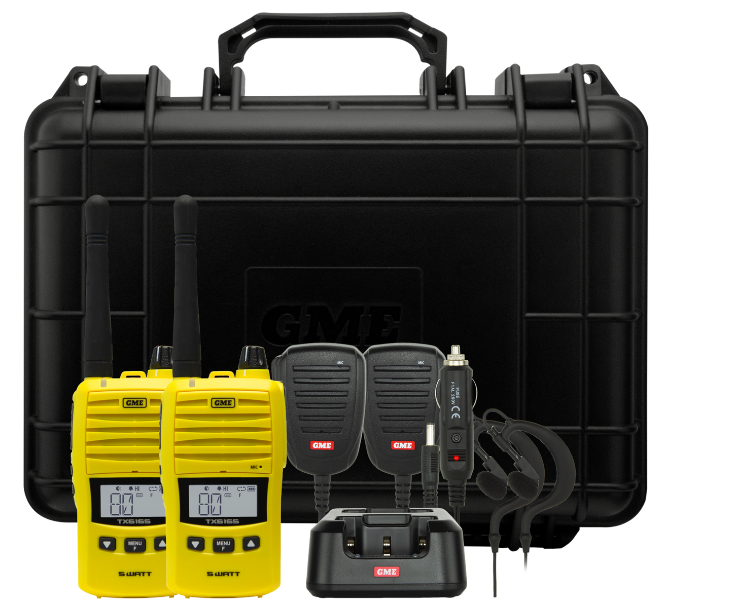 GME TX6165YTP yellow twin-pack handheld UHF CB radios with batteries, microphone, earpiece, chargers and antenna accessories