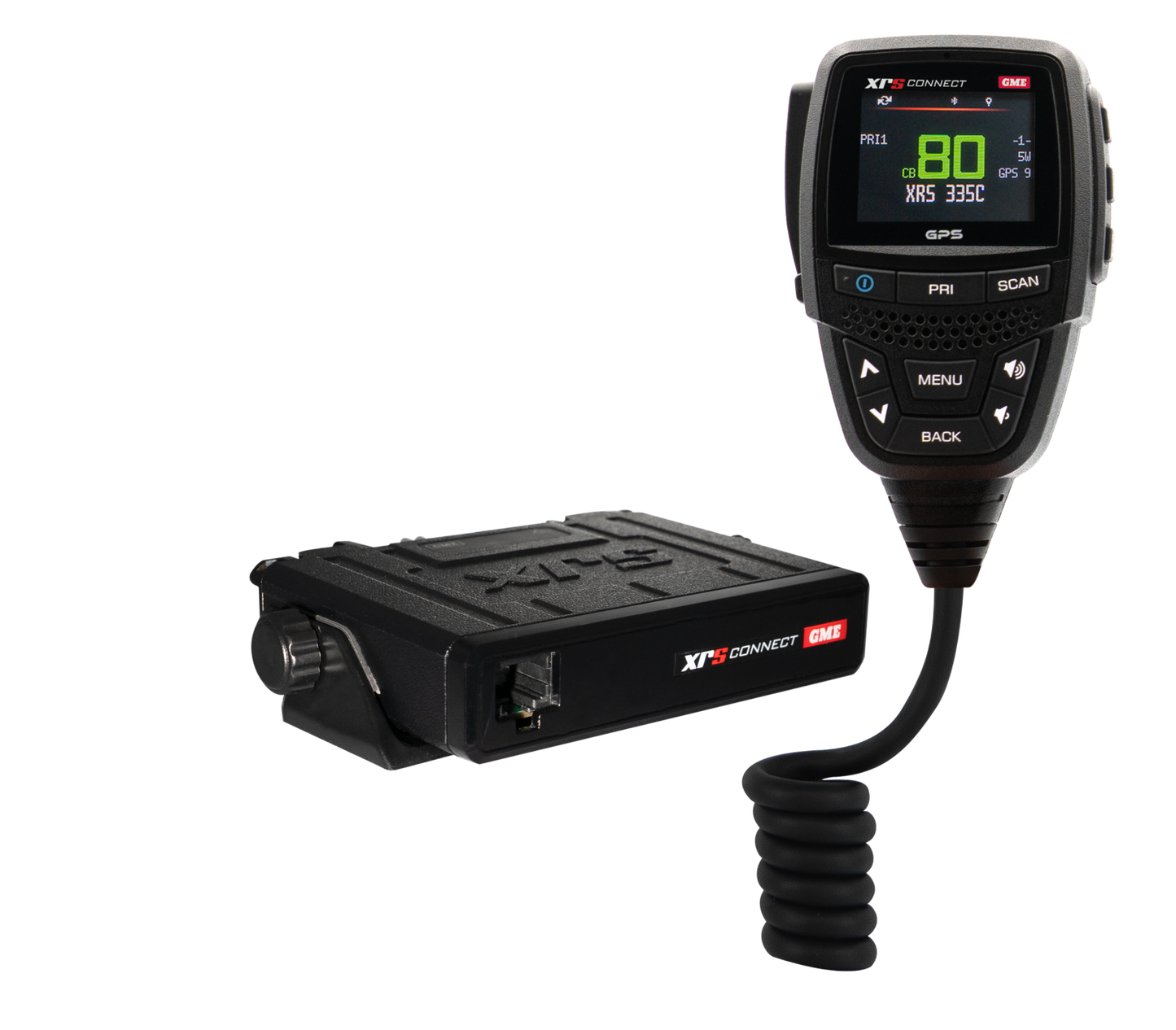 GME XRS-335C Super Compact UHF CB radio base unit with speaker microphone, three-quarter view