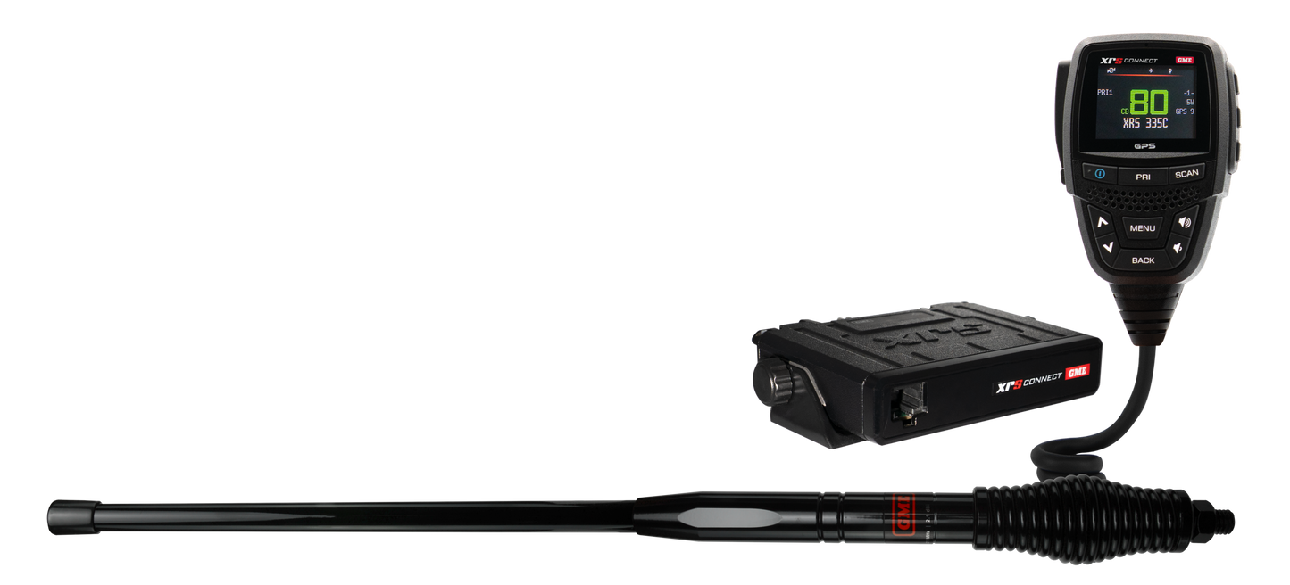 GME XRS-335COB Outback Pack — XRS-335C radio bundled with AE4707B antenna, group shot
