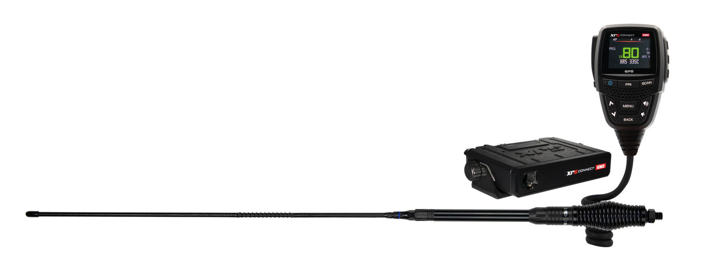 GME XRS-335CTP Touring Pack — XRS-335C radio bundled with AE4018BK1 antenna, group shot