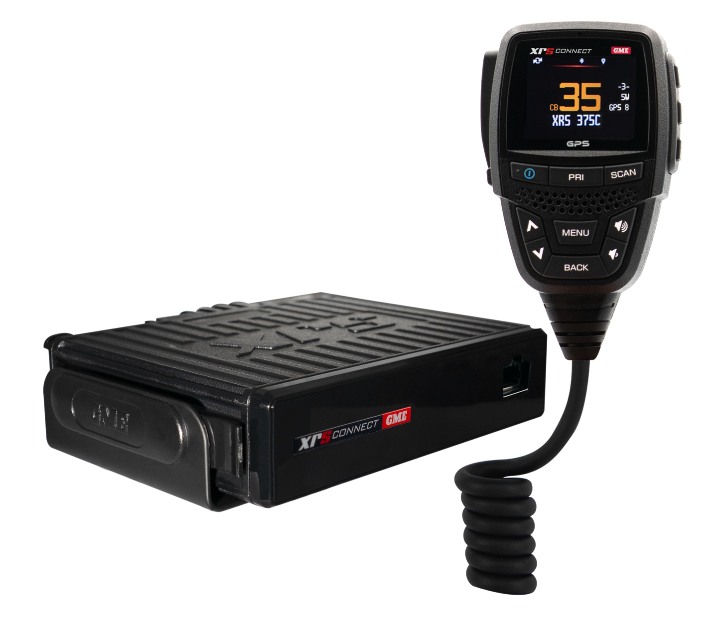 GME XRS-375C radio base unit with speaker microphone, three-quarter view