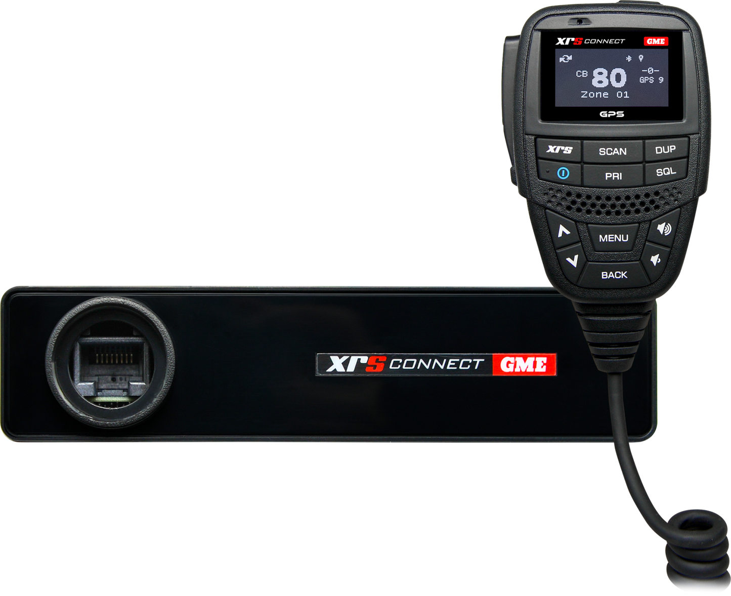 GME XRS-390C radio group shot with speaker microphone and accessories