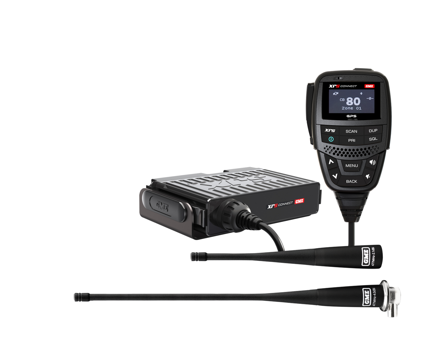 GME XRS-390CAG UTV Pack — XRS-390C radio with AE4202 lightweight antennas laid horizontally